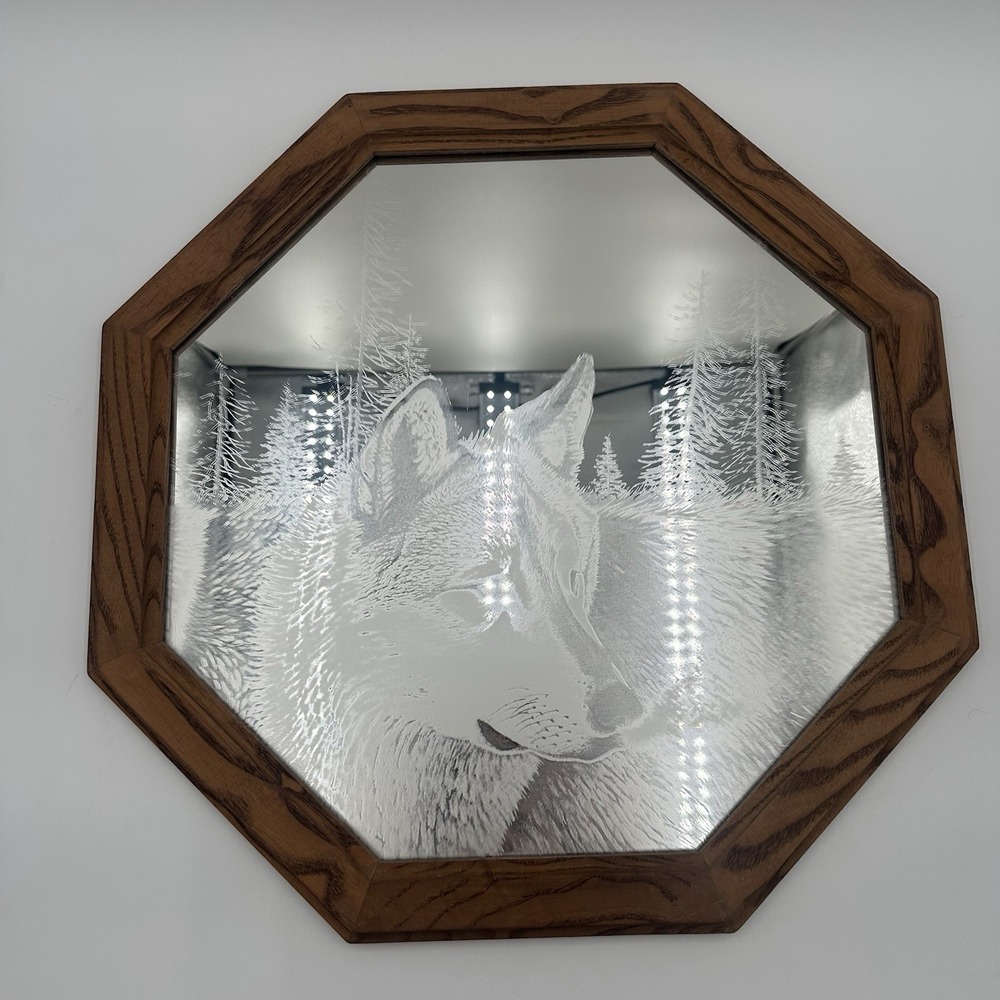 Vintage Wolf Etched Mirror Octagon Wood Frame Wildlife Cabin Lodge Decor